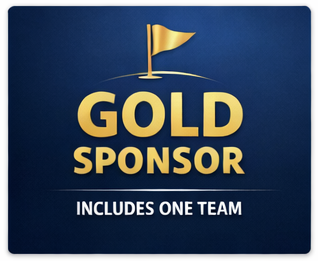 Gold sponsor label with a flag on a blue background